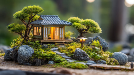 A serene miniature landscape featuring a cozy house surrounded by stones and trees, illuminated softly by warm light, ideal for evoking tranquility and relaxation.の素材