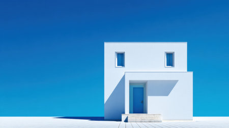 A striking minimalist house featuring a white exterior and blue door stands under a vivid blue sky. The clean lines and modern design evoke tranquility and simplicity.の素材