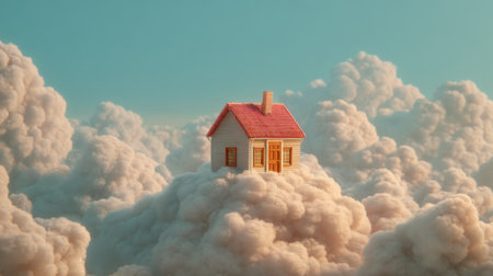 A whimsical scene featuring a charming house perched atop fluffy clouds under a bright blue sky. Perfect for themes of dreams, escape, and imaginative landscapes.の素材