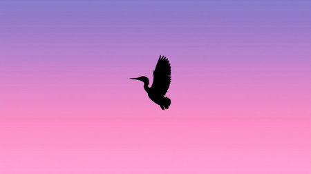 A stunning silhouette of a bird gracefully flying against a colorful gradient sky, reflecting hues of pink and purple at dusk, symbolizing freedom and natural beauty.の素材