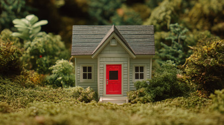 A picturesque small house featuring a bright red door stands amidst a rich backdrop of green foliage, creating a serene and inviting atmosphere perfect for relaxation.の素材