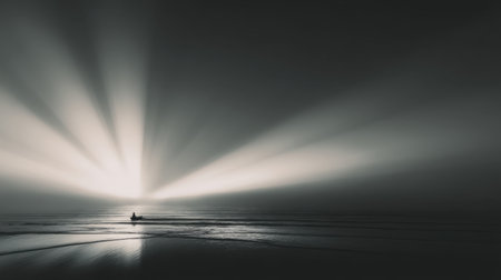A tranquil monochrome seascape featuring a solitary boat amidst gentle waves. Dramatic rays of light pierce the foggy ambiance, evoking mystery and calm.の素材
