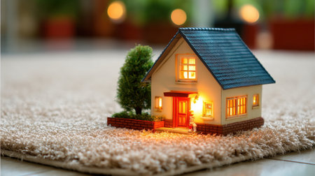 A charming miniature house model with warm lighting, set against a soft carpet, evokes feelings of comfort and coziness in a stylish interior environment.の素材