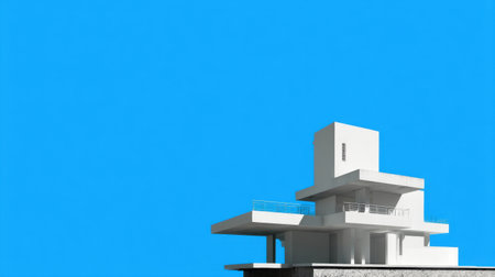 This image captures a modern architectural design featuring a minimalist white building against a vivid blue sky, emphasizing simplicity and clean lines.の素材