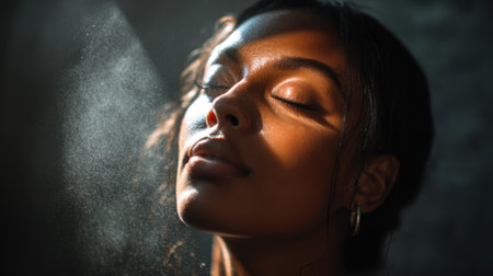A stunning close-up portrait of a woman with her eyes closed, illuminated by soft light and accented by delicate water mist that enhances her natural glow and beauty.の素材