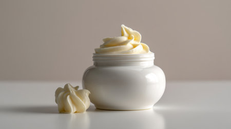 A visually appealing image of a round white container filled with creamy whipped lotion, emphasizing beauty and skincare in a minimalist setting. Perfect for product displays.の素材