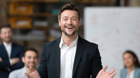 A confident business professional delivers an inspiring presentation in a modern office, engaging an attentive audience, promoting teamwork and driving positive discussions.の素材
