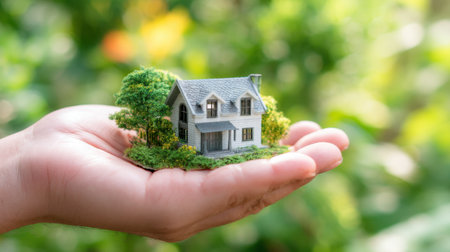 A miniature house cradled in a person's hand, set against a backdrop of vibrant greenery, represents the beauty of home ownership and nature's embrace.の素材