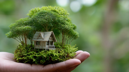 A tiny house surrounded by vibrant greenery is gently held in a hand, symbolizing the relationship between nature and home, inspiring thoughts of sustainability and creativity.の素材