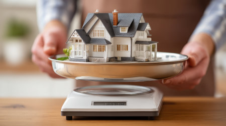 A person weights a detailed model of a house on a digital scale, illustrating the concept of home valuation and real estate assessment in a bright, modern setting.の素材