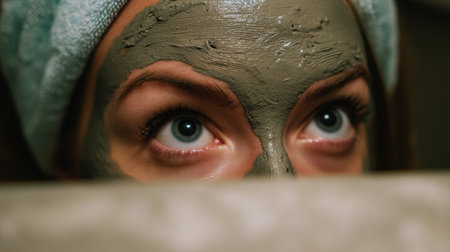 A captivating close-up image of a woman's face with a soothing clay mask. The calming eyes reflect a moment of relaxation and self-care in a serene home spa setting.の素材
