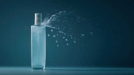 A stylish cosmetic bottle captures a dynamic splash of water against a serene blue backdrop, embodying the essence of beauty and freshness for promotional use.の素材