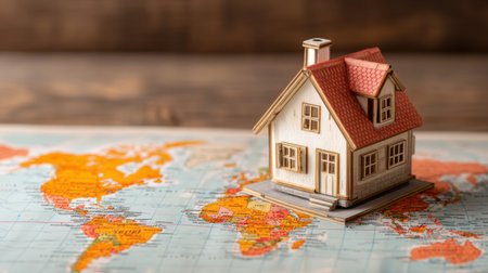 A small wooden house model sits prominently on a colorful world map, symbolizing the intersection of real estate, travel, and global exploration for prospective homebuyers.の素材