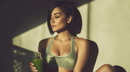 A beautiful young woman embraces wellness as she enjoys a nutritious green smoothie, embodying a healthy lifestyle in a serene sunlit environment.の素材