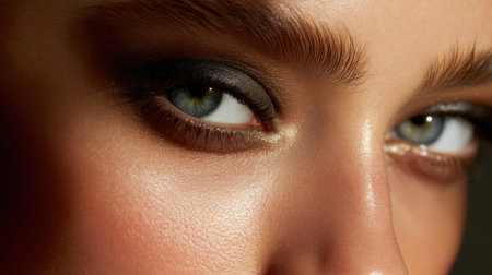 A captivating close-up of a beautiful female eye showcasing flawless makeup and skin. The stunning blue iris and elegant lashes draw attention in gentle lighting.の素材