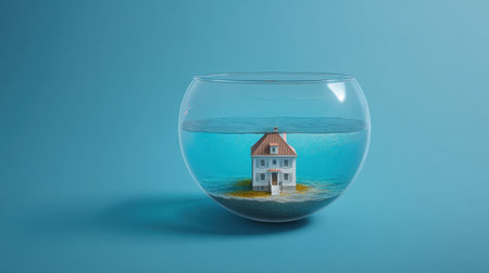 A creative depiction of a miniature house submerged in a fishbowl, symbolizing the relationship between home and environment. Ideal for art and design concepts.の素材