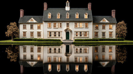 Beautifully crafted model of a white mansion with glowing windows reflected in calm water, surrounded by trees, captures elegance and serenity in a classic design.の素材