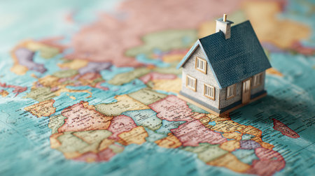 This image features a small house model placed on an intricate map of Africa, representing various real estate opportunities and exciting travel destinations across the continent.の素材