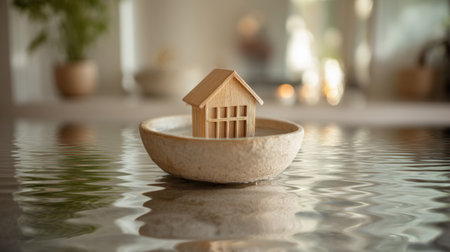A wooden house model rests in a round ceramic bowl on tranquil water, reflecting the serene beauty of minimalistic interior design, perfect for cozy home decor.の素材