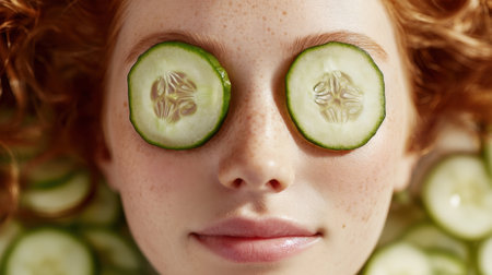 A young woman enjoys a serene spa experience at home, relaxing with cucumber slices on her eyes, promoting wellness and rejuvenation through natural skincare.の素材