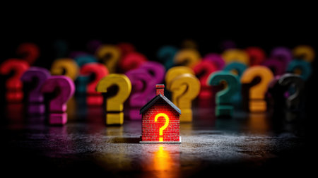 A small red house with a glowing question mark emerges from a colorful sea of question marks, representing uncertainty and curiosity in real estate and home decisions.の素材