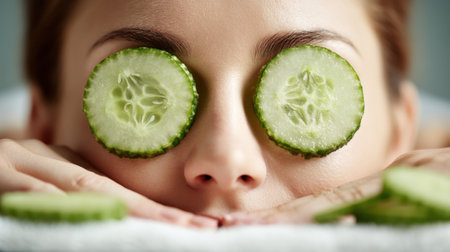 A woman enjoys a calming spa treatment with cucumber slices on her eyes, promoting relaxation and skincare in a peaceful and rejuvenating environment.の素材