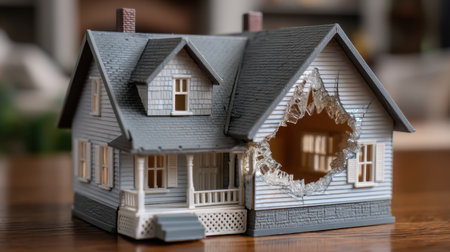 This model house depicts significant damage, showcasing a large hole in the wall. It symbolizes the impact of conflict, disaster, and the journey toward recovery.の素材