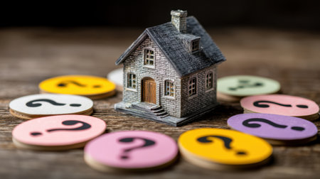 A detailed miniature house is surrounded by vibrant question mark tokens, illustrating the uncertainties and decisions faced in the real estate market.の素材