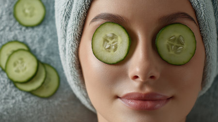 A serene scene featuring a woman enjoying a soothing spa treatment with cucumber slices placed over her eyes, enhancing relaxation and promoting skincare.の素材