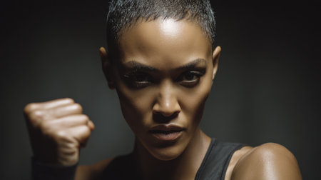 An intense and dramatic portrait capturing a confident woman in a dark setting. Her fierce expression and clenched fist project strength and determination, inspiring motivation.の素材