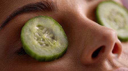 A serene image of a woman enjoying a beauty treatment with cucumber slices on her eyes, promoting relaxation and rejuvenation in a calming spa atmosphere.の素材