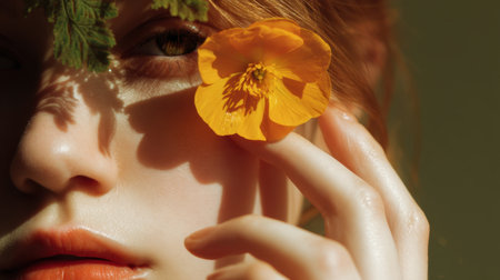 A serene close-up portrait of a woman showcasing her beauty with an orange flower. Natural light and shadow enhance her features, creating a captivating and artistic image.の素材