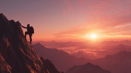 A determined climber makes their ascent on a rocky mountain during a stunning sunrise, surrounded by breathtaking views of valleys and peaks filled with clouds.の素材