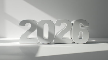 Minimalist representation of the year 2026 using 3D white numbers. Soft shadows and natural light create an artistic ambiance, ideal for creative and editorial purposes.の素材