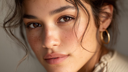 A stunning close-up portrait highlighting a young woman's features, showcasing freckles and natural beauty. The soft expression and warm light create an inviting atmosphere.の素材