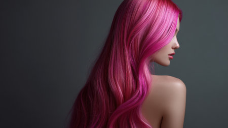 This captivating profile features a model with long pink hair elegantly styled against a dark backdrop, showcasing the beauty of texture and color in fashion photography.の素材