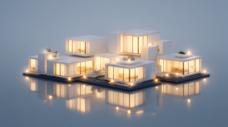 Capture the essence of modern living with this stunning residential complex illuminated at night, reflecting on calm waters, showcasing elegance and tranquility.の素材