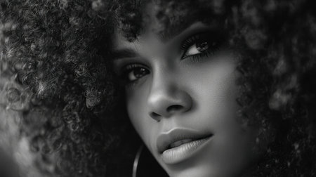 This black and white close-up portrait features a woman with curly hair, showcasing her captivating expression and unique beauty in a stunning photographic style.の素材