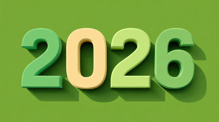 A striking 3D design displaying the year 2026 with vibrant colors against a green backdrop. Ideal for use in future concepts, celebrations, and marketing materials.の素材