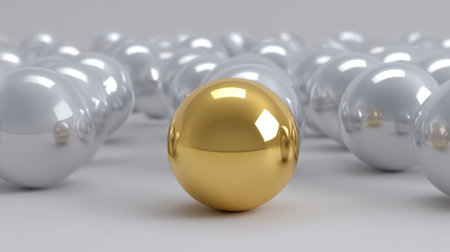 A striking golden sphere stands proudly among numerous silver spheres, showcasing a unique contrast and inviting artistic contemplation in a minimalist environment.の素材