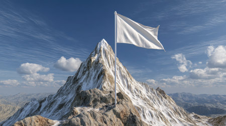 Stunning view of a rugged mountain peak topped with a blank white flag, set against a vast sky adorned with clouds. Perfect for themes of exploration and freedom.の素材