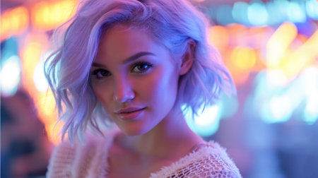 A captivating portrait of a young woman with short white hair, set against a colorful neon backdrop. The image captures her confident and stylish essence in an urban atmosphere.の素材