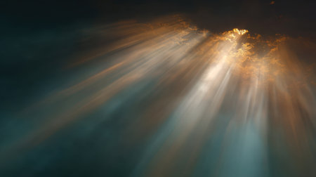 Stunning display of sunlight breaking through clouds, casting gentle rays across the sky, creating a serene landscape filled with tranquility and beauty.の素材