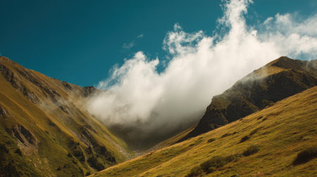 Breathtaking mountain landscape featuring rugged peaks, vibrant greenery, and dramatic clouds against a clear blue sky, showcasing the beauty of nature's wilderness.の素材