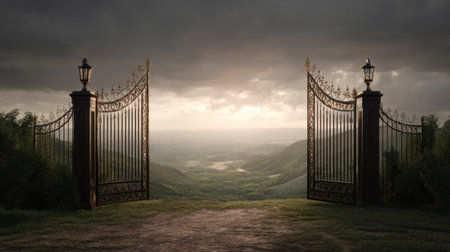 An enchanting view of majestic gates opening to a lush valley, set against a dramatic cloudy sky at dusk, inviting tranquility and exploration into nature's beauty.の素材