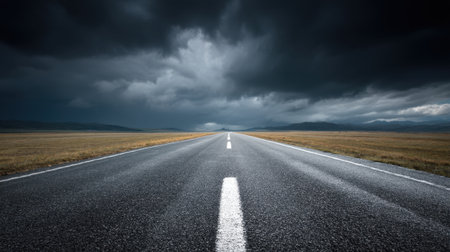An empty road stretches into the distance under a dramatic, dark sky, evoking feelings of adventure and serenity in a vast rural landscape. Perfect for inspiring journeys.の素材