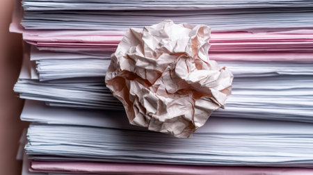 A crumpled paper ball sits atop a pile of neatly organized white and pink sheets, symbolizing the balance between chaos and order in a creative workspace.の素材