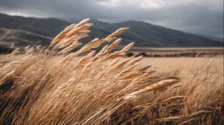 A captivating view of golden grasses swaying gently in the wind, set against a backdrop of misty hills and an overcast sky, creating a tranquil and serene atmosphere.の素材