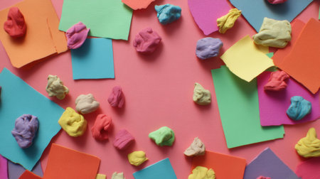 Bright and colorful flatlay featuring paper scraps and modeling clay in various hues. Perfect for craft projects, creative inspirations, and artistic expressions.の素材
