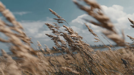 A vibrant wheat field dances in the gentle breeze under a clear blue sky, showcasing nature's tranquil beauty with wispy clouds and golden hues reflecting sunlight.の素材